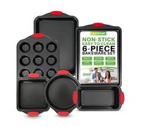 Nutrichef 6-Piece Steel Nonstick Bakeware Set - Carbon Steel Baking Tray Set w/Heatsafe Red Silicone Handles, Oven Safe Up to 450°F, Loaf Muffin Round, Cookie Sheet, Baking Pan NCSBS6S , Black