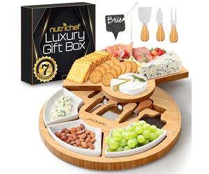 NutriChef Bamboo Cheese Board & Knife Set, Charcuterie Boards, Swiveling Serving Board, Cheeseboard Gift Set, Grazing Board Platter, Extra Large Round Plate w/ 3 Ceramic Bowls, Chalk & Slate Labels