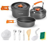 NutriChef Camping Cookware Set - Lightweight Nonstick Pots, Pans, Utensils, Bowls, Cutlery, and Cleaning Tools with Mesh Bag, Foldable Handles, Compact Outdoor Cooking Gear for Hiking & Travel (Grey)