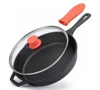 NutriChef Cast Iron Pan, Pre-Seasoned Skillet with Lid 25 cm - Induction Frying Pan for Steak, Searing & Roasting with Side Drip Spout Silicone Handle