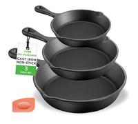 NutriChef Cast Iron Pan Set 3 Piece Skillets Pre-Seasoned - 15cm 20cm 25cm for Frying, Steak, Baking & Searing, Oven Safe, Induction Gas Electric Ceramic Hob Compatible