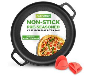 Nutrichef Cast Iron Pizza Pan Nonstick 13 Inch Pre-Seasoned with Silicone Handles, Pizza Baking Pan for Oven, Grill, Campfire, Gas, Electric & Induction