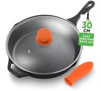 NutriChef Cast Iron Skillet Pan w/ Lid, Pre Seasoned Cast Iron Pan, Cast Iron Frying Pans Nonstick, Oven Safe Cookware w/ Silicone Handle, Drip Spout, Indoor/Outdoor Use, For Induction & All Cooktops