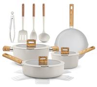 NutriChef Ceramic Pots and Pans Set Non Stick 14 Piece - Induction Hob Cookware Set with Glass Lids, Even Heat Distribution, White