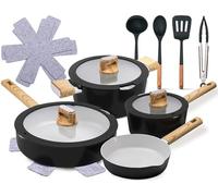 NutriChef Ceramic Pots and Pans Set Non Stick 14 Piece - Induction Hob Cookware Set with Glass Lids, Dishwasher Safe, Even Heat Distribution, Black