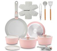 NutriChef Ceramic Pots and Pans Set with Detachable Handles - 18-Piece Stackable Non-Stick Cookware, Oven Safe, PTFE-Free, Space-Saving Cookware for Modern Kitchens, Pink