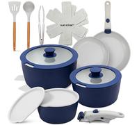 NutriChef Ceramic Pots and Pans Set with Detachable Handles - 18-Piece Stackable Non-Stick Cookware, Oven Safe, PTFE-Free, Space-Saving Cookware for Modern Kitchens, Blue
