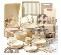 NutriChef Cookware Set 54 Pieces - Pans, Pots, Kitchen Utensils Taupe Brown - with Knife, Baking Moulds, Accessories - for Induction, Gas and Electric - Healthy and Low-Fat Cooking