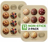 NutriChef Cupcake Muffin Trays, 2 Pack Nonstick Dishwasher Safe Cupcake Pans, 12 Cup Bakeware Muffin Pan, Yorkshire Pudding Tray Tin, Round Baking Moulds, Carbon Steel Stackable, 100 Liners Included