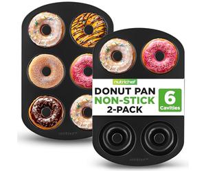 Nutrichef Donut Maker Tray for Baking, Doughnut Maker, Donut Mould-Pan-Tin, 2-Piece Bagel Pans Set, 6 Cavity Non-Stick Carbon Steel, Easy Clean, Dishwasher Safe, 31.97 × 20.98 × 2.3 cm, Black