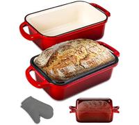 NutriChef Dutch Oven for Bread Making 23 x 13cm Enamelled Cast Iron Bread Pan with Lid, Dual-Purpose Lid Cast Iron Pot with Silicone Oven Gloves, Oven Safe,Red