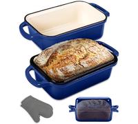 NutriChef Dutch Oven for Bread Making 23 x 13cm Enamelled Cast Iron Bread Pan with Lid, Dual-Purpose Lid Cast Iron Pot with Silicone Oven Gloves, Oven Safe Blue