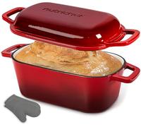 NutriChef Dutch Oven for Bread Making - 25 cm Enamelled Cast Iron Oval Pot for Sourdough Baking with Lid, Even Heat Artisan Loaf, Oven Safe, Red