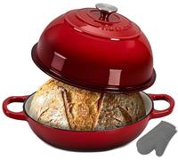 NutriChef Dutch Oven for Sourdough Bread 26 cm Enamelled Cast Iron Bread Oven with Dome Lid, Round Cast Iron Pot with Lid for Bread Baking, Includes Silicone Oven Gloves, Oven Safe Red