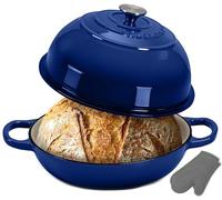 NutriChef Dutch Oven for Sourdough Bread 26 cm Enamelled Cast Iron Bread Oven with Dome Lid, Round Cast Iron Pot with Lid for Bread Baking, Includes Silicone Oven Gloves, Oven Safe Blue