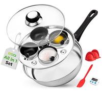 NutriChef Egg Poacher Pan - 20 cm Stainless Steel with 4 Non Stick Cups, Glass Lid, Induction Hob Compatible for Perfect Poached Eggs
