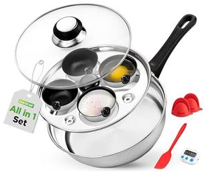 NutriChef Egg Poacher Pan - 20 cm Stainless Steel with 4 Non Stick Cups, Glass Lid, Induction Hob Compatible for Perfect Poached Eggs