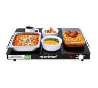 NutriChef Electric Warming Tray - Adjustable Temperature Food Warmer Hot Plate for Buffets and Parties, Glass Surface, 54 x 42 cm with Control Knob and Stay-Cool Handles, Black