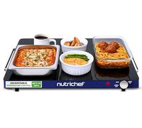 NutriChef Electric Warming Tray - Adjustable Temperature Food Warmer Hot Plate for Buffets & Parties, Glass Surface, 59 x 44 cm with Control Knob and Stay-Cool Handles, Blue