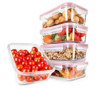 Nutrichef Glass Food Containers with Lids - 5 Pack 1L Borosilicate Meal Prep Containers, Airtight Leakproof Food Storage Set, Microwave, Oven, Dishwasher & Freezer Safe (Red)