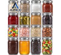 NutriChef Glass Jars With Lids - 16 Pack 450 ml Mason Jars, Thick 16