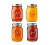 Nutrichef Glass Jars With Lids - 4 Pack 450 ml Mason Jars, Thick Glass Leakproof Storage for Overnight Oats, Yogurt, Jam, Honey, Pickling and Food Prep