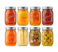 Nutrichef Glass Jars With Lids - 8 Pack 450 ml Mason Jars, Thick Glass Leakproof Storage for Overnight Oats, Yogurt, Jam, Honey, Pickling and Food Prep