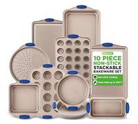 NutriChef Kitchen Oven Baking Pans - Deluxe Nonstick Gold Coating Inside & Outside Carbon Steel Bakeware Set with Blue Silicone Handles, Durable & Reliable Cookie Sheet Oven Pan Style