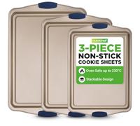 NutriChef Kitchen Oven Baking Pans - Deluxe Nonstick Gold Coating Inside & Outside Carbon Steel Bakeware Set with Blue Silicone Handles, Durable & Reliable Cookie Sheet Oven Pan Style