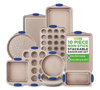 NutriChef Kitchen Oven Baking Pans - Deluxe Nonstick Gold Coating Inside & Outside Carbon Steel Bakeware Set with Blue Silicone Handles, Durable & Reliable Cookie Sheet Oven Pan Style