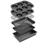 NutriChef 6-Piece Toaster Oven Bakeware Set, Non-Stick Stackable Baking Pan Set with Muffin Pans, Roasting Tray & Baking Sheets, Durable Stain-Resistant Carbon Steel Design for Toaster Ovens (Gray)