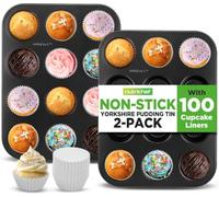 NutriChef Muffin Trays Cupcake Tray 12 Cup, 2 Pack Dishwasher Safe, Pudding Tray, Nonstick Muffin Tin, Round Baking Moulds, Bakeware Muffin Pans, Carbon Steel Stackable Cup Cake Tray- Black