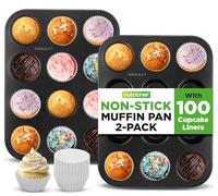NutriChef Non-Stick 2-Piece 12 Cup Muffin Pans with 100 Parchment Cupcake Liners, Carbon Steel, Professional Grade Muffin Pans for Baking, Durable & Dishwasher Safe 13.7"x10.4"x1.1" Inch (Black)