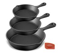 NutriChef NCCI76 Pre-Seasoned Cast Iron Skillet 3 Pieces Kitchen Frying Pan Nonstick Cookware Set w/Drip Spout-Silicone Handles, Scraper-Electric Stovetop, Induction, Gas Range, Ceramic, Black