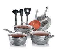 Nutrichef NCCW11GD Excilon 11 Pc Nonstick Cookware-PTFE/PFOA/PFOS Free Kitchenware Set with Saucepan, Frying Pans, Cooking Pots, Lids, Utensils, Gray, Ceramic
