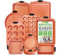 NutriChef 10-Piece Non-Stick Baking Pans Set - Premium Nonstick Carbon Steel Oven Bakeware - Includes Cookie Sheets, Muffin & Cake Pans, Pizza Crisper, Roasting Pans, w/Silicone Handles - Copper