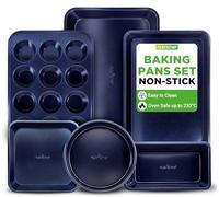 NutriChef Non Stick Bakeware Set 6 Piece- Carbon Steel Baking Tray & Cake Tin Set with Blue Coating - Oven Safe to 230°C - Includes Muffin Tray, Loaf Tin, Cookie Sheet & Roasting Pans