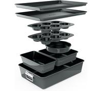 NutriChef Baking Tray Set, Stackable Bakeware Trays, Smart Space Stacking Baking Trays, 8 Pcs Non-Stick Oven Safe Baking Sets w/ Cookie, Loaf Pan, Pizza Pan, Muffin Tins, Cake Tin, Round/Square Pans