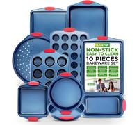 Kitchen Oven Baking Pans - Deluxe Nonstick Blue Coating Inside & Outside Carbon Steel Bakeware Set with Red Silicone Handles, Durable & Reliable Cookie Sheet Oven Pan Style