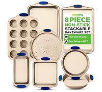 NutriChef Baking Tray Set, Stackable Bakeware Trays, 8 Piece Non-Stick Oven Baking Tin Sets, Includes: Cookie Sheets- Baking Pan, Roasting Pan, Square Loaf Pan, Pizza Pan, Muffin Pan, Cake Tin, Gold