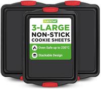 NutriChef Non Stick Baking Trays for Oven,Set of 3 Bakeware Oven Trays Non Stick, Durable Carbon Steel Baking Tray Set, Silicone Handles, Easy Clean, Oven Safe 230°C(44x30x1.8cm)