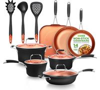 NutriChef Non-Stick Pots and Pans Set, Induction Cookware Set 14-Piece with Lids, Frying Pans, Slotted Spatula, Pasta Server, Soup Ladle - Copper