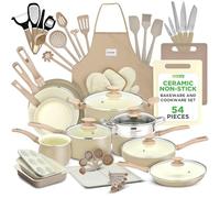 NutriChef Non-Stick Cookware Set 54-Piece, Nonstick Pots and Pans, Multi-Sized Pot and Pan Sets with Lids, Kitchen Utensils, Bakeware, Induction Compatible, PFOA-Free, Taupe Brown