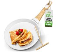 Nutrichef 9.45” Non-Stick Crepe Pan with Wooden Spreader, Durable Marble Coated Dosa Pan, Bakelite Handle and Induction Bottom, PFOA/PFOS Free, Dishwasher Safe, Even Heat Distribution (White Cream)