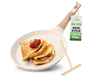 Nutrichef Non-Stick Crepe Pan with Wooden Spreader, 24cm Marble Coated Pancake Pans for Stove Top, Induction Compatible, Bakelite Handle, PFOA/PFOS Free, Dishwasher Safe, White Cream