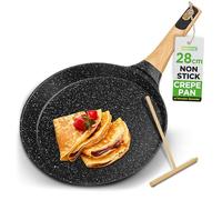 Nutrichef Non-Stick Crepe Pan with Wooden Spreader, 28cm Marble Coated Pancake Pans for Stove Top, Induction Ready, Bakelite and Wood Handle, Crepe Skillet Nonstick, Easy to Clean