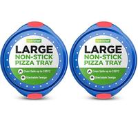 Nutrichef Non-Stick Pizza Tray for Oven, 33cm Round Carbon Steel Baking Trays with Perforated Holes, Silicone Handles, Dishwasher Safe, Pizza Stone Alternative, Blue (Pack of 2)