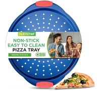Nutrichef Non-Stick Pizza Tray for Oven, 33cm Round Carbon Steel Baking Trays with Perforated Holes, Silicone Handles, Dishwasher Safe, Pizza Stone Alternative, Blue