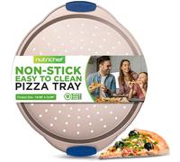 Nutrichef Non-Stick Pizza Tray for Oven, 33cm Round Carbon Steel Baking Trays with Perforated Holes, Silicone Handles, Dishwasher Safe, Pizza Stone Alternative, Gold