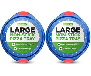 Nutrichef Non-Stick Pizza Tray for Oven, 33cm Round Carbon Steel Baking Trays with Perforated Holes, Silicone Handles, Dishwasher Safe, Pizza Stone Alternative, Blue (Pack of 2)